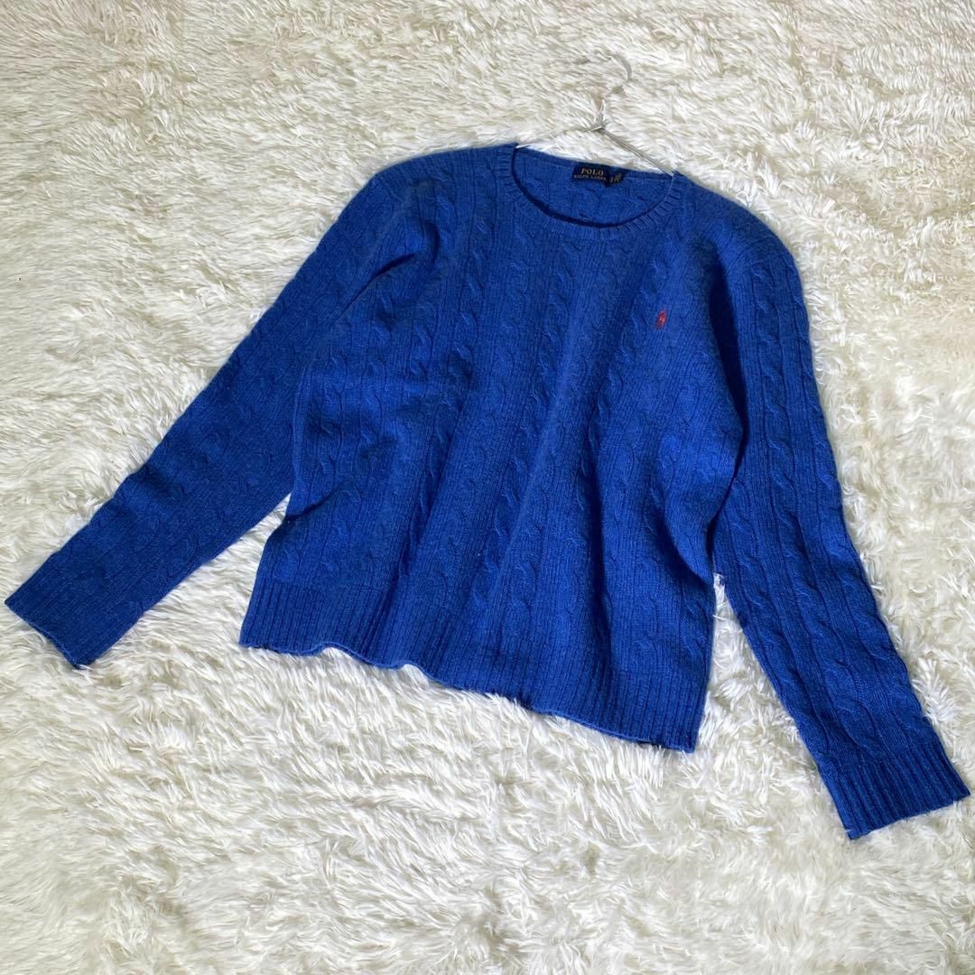 Ralph Lauren(ラルフローレン)のラルフローレン　ケーブルニット　青　カシミヤ　(XL) 大きいサイズ　ポニー刺繍 レディースのトップス(ニット/セーター)の商品写真