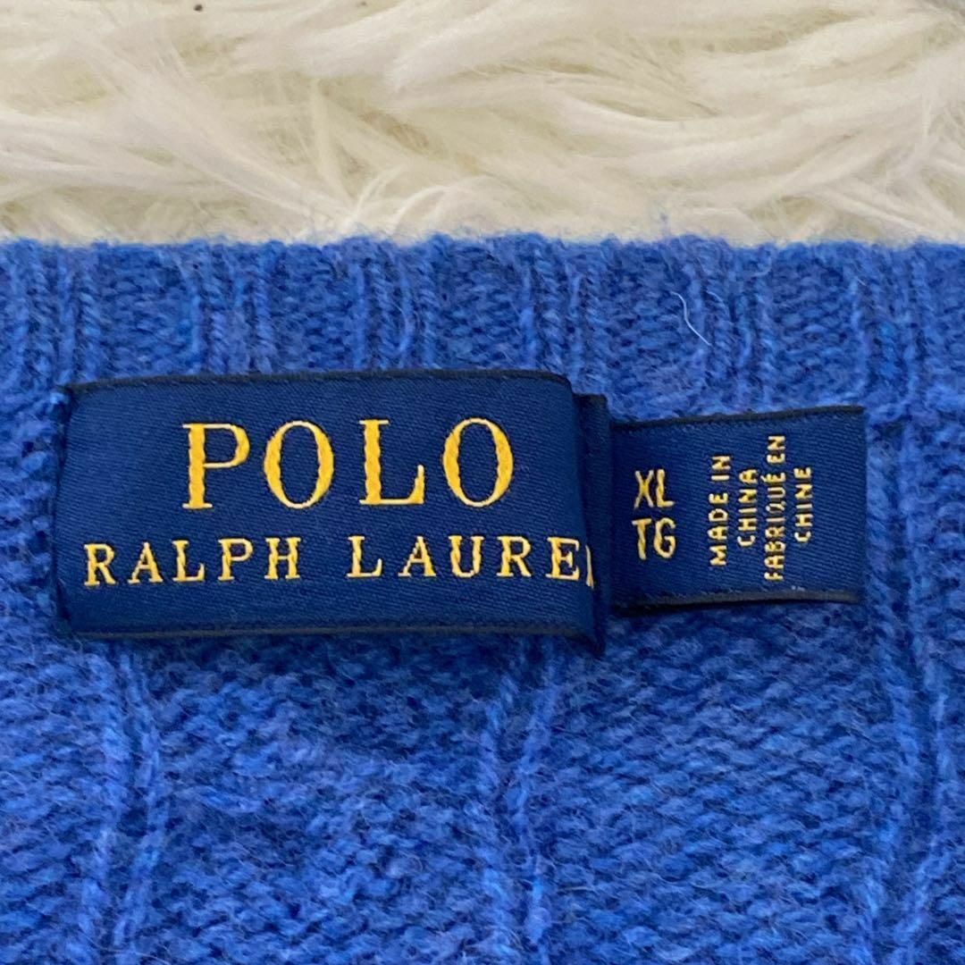 Ralph Lauren(ラルフローレン)のラルフローレン　ケーブルニット　青　カシミヤ　(XL) 大きいサイズ　ポニー刺繍 レディースのトップス(ニット/セーター)の商品写真