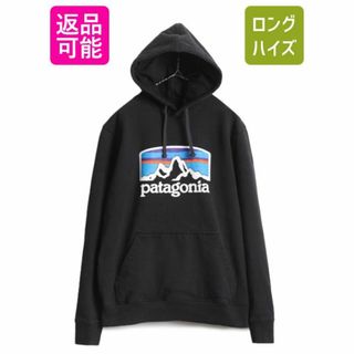 パタゴニア(patagonia)の19年製 パタゴニア プリント スウェットフード パーカー メンズ M 古着 Patagonia フィッツロイ プルオーバー 裏起毛 アウトドア ブラック(パーカー)