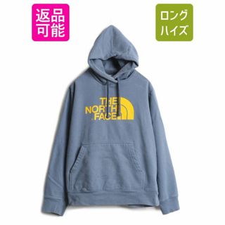 ザノースフェイス(THE NORTH FACE)のノースフェイス プリント スウェット フード パーカー メンズ L 古着 The North Face ロゴ プルオーバー 裏起毛 トレーナー 青 アウトドア(パーカー)