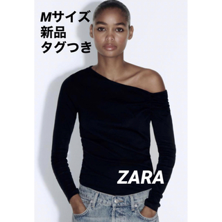 ザラ(ZARA)の【完売品】ZARA ギャザーTシャツ　黒　Mサイズ　新品未使用タグつき(Tシャツ(長袖/七分))