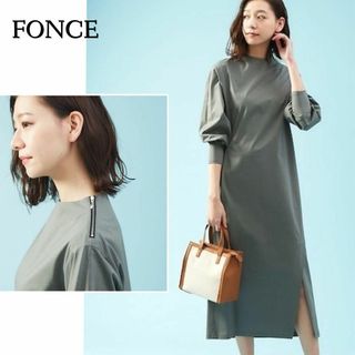 フォンセ(FONCE)の楽ちん綺麗シルエット♪　ジップデザイン　カットソーワンピース　フリー　グレー(ロングワンピース/マキシワンピース)