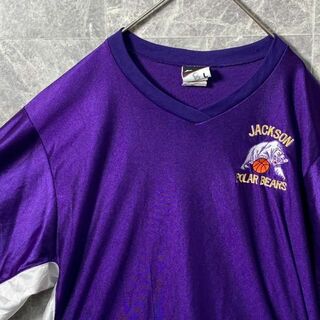 L ゲームシャツ　古着　90s パープル　アニマル　デカロゴ　ビッグシルエット(Tシャツ/カットソー(半袖/袖なし))