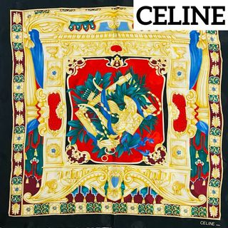 セリーヌ(celine)の美品 ★CELINE★ スカーフ 大判 ハープ 彫刻 シルク ブラック(バンダナ/スカーフ)