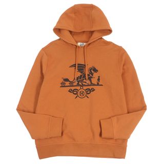 エルメス(Hermes)の美品□HERMES エルメス 19AW コットン100％ エクスリブリス ドラゴン ラムレザーパッチ フーディー プルオーバーパーカー オレンジ M イタリア製 メンズ(パーカー)