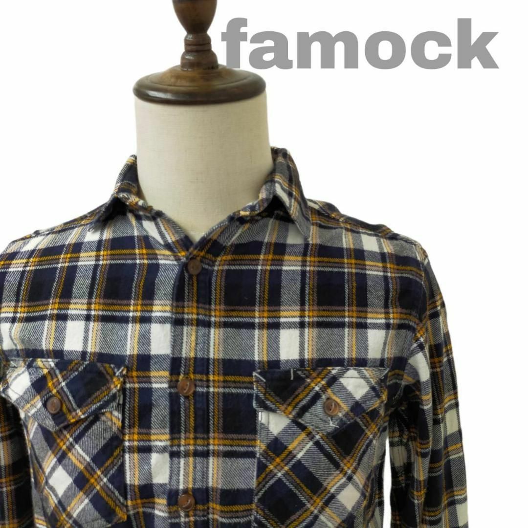 famock ファモック 長袖 チェックシャツ ネイビー Mサイズ 古着 メンズのトップス(シャツ)の商品写真
