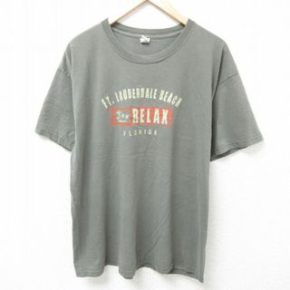 XL★古着 半袖 Tシャツ メンズ フロリダ ヤシの木 コットン クルーネック 濃緑 グリーン 24mar22 中古(Tシャツ/カットソー(半袖/袖なし))