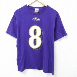 マジェスティック(Majestic)のL★古着 マジェスティック 半袖 Tシャツ メンズ NFL ボルチモアレイブンス ラマージャクソン 8 コットン クルーネック 紫 パープル アメフト スーパーボウル 24mar22 中古(Tシャツ/カットソー(半袖/袖なし))