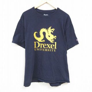 チャンピオン(Champion)のXL★古着 チャンピオン Champion 半袖 ブランド Tシャツ メンズ ドレクセル 大学 コットン クルーネック 紺 ネイビー 24mar22 中古(Tシャツ/カットソー(半袖/袖なし))