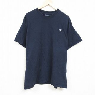 チャンピオン(Champion)のXL★古着 チャンピオン Champion 半袖 ブランド Tシャツ メンズ ワンポイントロゴ 大きいサイズ コットン クルーネック 紺 ネイビー 24mar22 中古(Tシャツ/カットソー(半袖/袖なし))