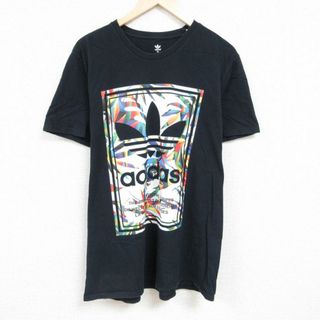 アディダス(adidas)のXL★古着 アディダス adidas 半袖 ブランド Tシャツ メンズ ビッグロゴ リーフ トレフォイル 大きいサイズ コットン クルーネック 黒 ブラック 24mar22 中古(Tシャツ/カットソー(半袖/袖なし))