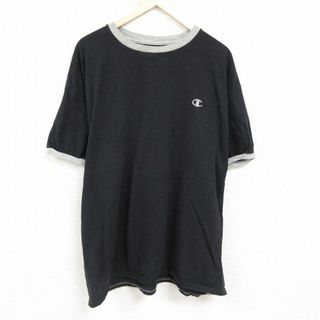 チャンピオン(Champion)のXL★古着 チャンピオン Champion 半袖 ブランド Tシャツ メンズ ワンポイントロゴ 大きいサイズ コットン クルーネック 黒 ブラック リンガー 24mar22 中古(Tシャツ/カットソー(半袖/袖なし))