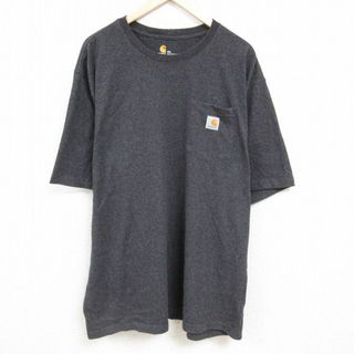 カーハートダブリューアイピー(Charhartt WIP)のXL★古着 カーハート Carhartt 半袖 ブランド Tシャツ メンズ ワンポイントロゴ 胸ポケット付き 大きいサイズ ロング丈 クルーネック 濃グレー 霜降り 24mar22 中古(Tシャツ/カットソー(半袖/袖なし))