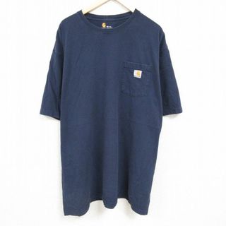 カーハートダブリューアイピー(Charhartt WIP)のXL★古着 カーハート Carhartt 半袖 ブランド Tシャツ メンズ ワンポイントロゴ 胸ポケット付き 大きいサイズ ロング丈 コットン クルーネック 紺 ネイビー 24mar22 中古(Tシャツ/カットソー(半袖/袖なし))