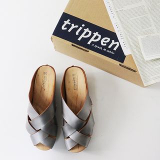 トリッペン(trippen)の美品 トリッペン trippen TWIST シルバーレザー ウッドサンダル 38/シルバー ウェッジソール ツッカケ【2400013786256】(サンダル)