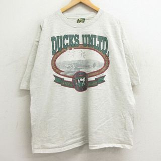 XL★古着 ダックスアンリミテッド 半袖 ビンテージ Tシャツ メンズ 90年代 90s 飛行機 犬 大きいサイズ コットン クルーネック USA製 薄グレー 霜降り 24mar22 中古(Tシャツ/カットソー(半袖/袖なし))