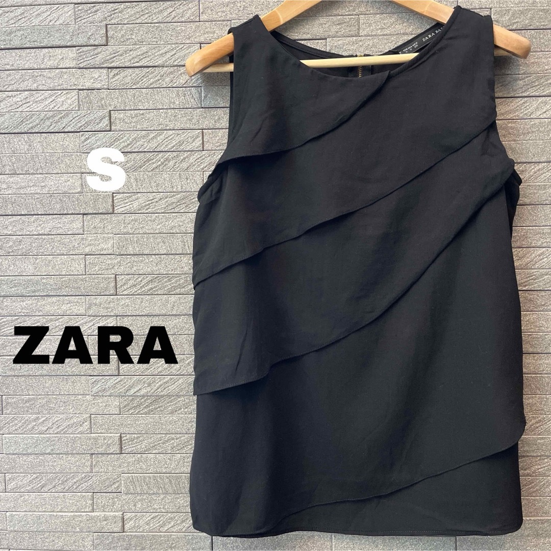 ZARA(ザラ)のザラ ZARA タンクトップ フリル トップス インナー カットソー ブラックS レディースのトップス(カットソー(半袖/袖なし))の商品写真