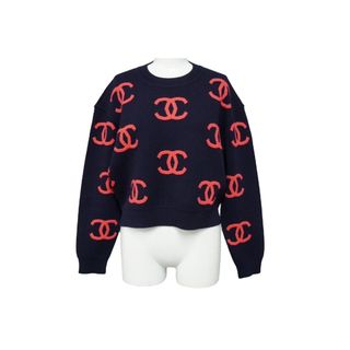 シャネル(CHANEL)の極美品 CHANEL シャネル ニット セーター ココマーク クロップド P70525K10076 カシミヤ エラスタン ネイビー ピンク 36 中古 61526(ニット/セーター)