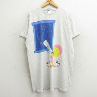 古着 半袖 ビンテージ Tシャツ ワンピース レディース 90年代 90s ルーニーテューンズ LOONEY TUNES トゥイーティー シルベスター 両面プリント 大きいサイズ ロング丈 クルーネック 薄グレー 霜降り 【spe】 24mar23 中古(ミニワンピース)