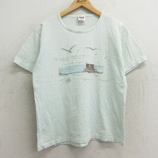 古着 半袖 ビンテージ Tシャツ レディース 90年代 90s 家 鳥 メッセージ コットン クルーネック USA製 薄緑 グリーン 24mar23 中古(ミニワンピース)