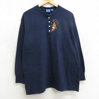 Disney - 古着 長袖 ビンテージ Tシャツ レディース 00年代 00s ディズニー DISNEY くまのプーさん ティガー 刺繍 コットン ヘンリーネック 紺 ネイビー 24mar23 中古