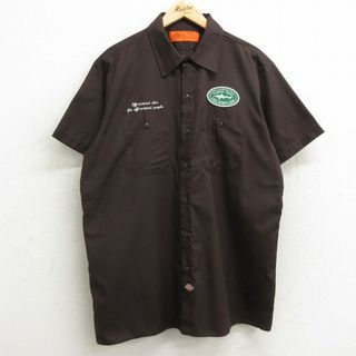 ディッキーズ(Dickies)のXL★古着 ディッキーズ Dickies 半袖 ワーク シャツ メンズ ワッペン ロング丈 茶 ブラウン 24mar23 中古 トップス(シャツ)