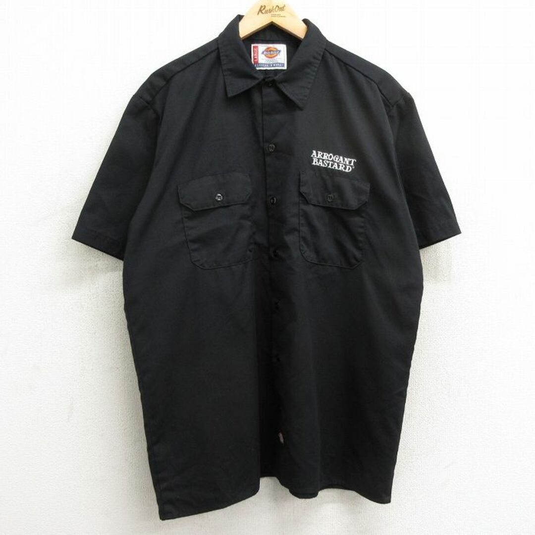 Dickies(ディッキーズ)のXL★古着 ディッキーズ Dickies 半袖 ワーク シャツ メンズ アロガントバスタードエール 刺繍 黒 ブラック 24mar23 中古 トップス メンズのトップス(シャツ)の商品写真