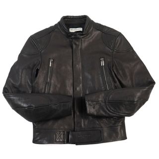 美品○BALENCIAGA バレンシアガ 438666 TSH02 ゴートスキン ロゴレザーベルト スタンドカラー シングル ライダースジャケット/レザーブルゾン ブラック 44 イタリア製 正規品 メンズ