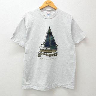 アメリカンイーグル(American Eagle)のL★古着 アメリカンイーグル American Eagle 半袖 ビンテージ Tシャツ メンズ 90年代 90s ヨット キューカ コットン クルーネック USA製 薄グレー 霜降り 24mar23 中古(Tシャツ/カットソー(半袖/袖なし))