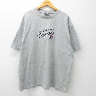 リー(Lee)のXL★古着 リー Lee 半袖 ビンテージ Tシャツ メンズ 90年代 90s NFL ピッツバーグスティーラーズ 刺繍 大きいサイズ クルーネック USA製 グレー 霜降り アメフト スーパーボウル 24mar23 中古(Tシャツ/カットソー(半袖/袖なし))