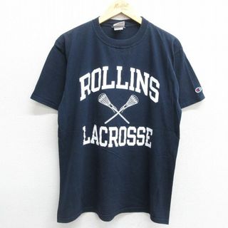 チャンピオン(Champion)のL★古着 チャンピオン champion 半袖 ビンテージ Tシャツ メンズ 00年代 00s ラクロス コットン クルーネック 濃紺 ネイビー 24mar23 中古(Tシャツ/カットソー(半袖/袖なし))