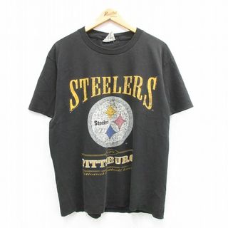 リー(Lee)のXL★古着 リー Lee 半袖 ビンテージ Tシャツ メンズ 90年代 90s NFL ピッツバーグスティーラーズ コットン クルーネック 黒 ブラック アメフト スーパーボウル 24mar23 中古(Tシャツ/カットソー(半袖/袖なし))