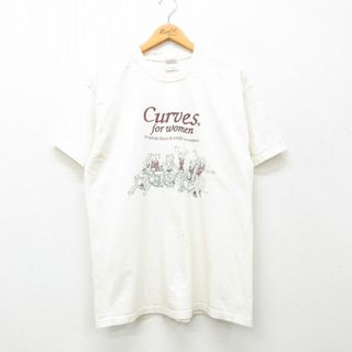 ヘインズ(Hanes)のL★古着 ヘインズ Hanes 半袖 ビンテージ Tシャツ メンズ 00年代 00s カーブス フィットネス コットン クルーネック 生成り 24mar25 中古(Tシャツ/カットソー(半袖/袖なし))