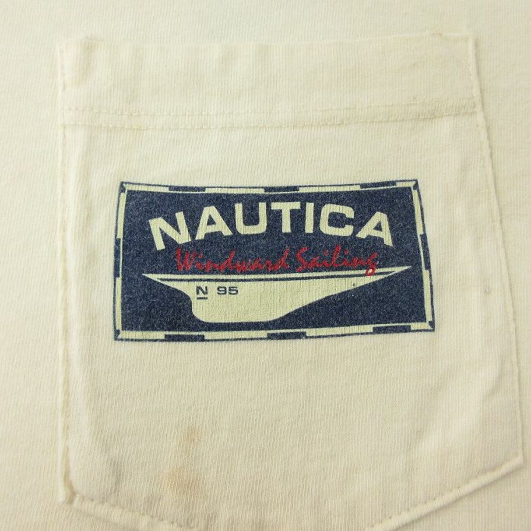 NAUTICA(ノーティカ)のL★古着 ノーティカ NAUTICA 半袖 ビンテージ Tシャツ メンズ 90年代 90s ビッグロゴ ヨット 地図 胸ポケット付き コットン クルーネック USA製 薄黄 イエロー 24mar25 中古 メンズのトップス(Tシャツ/カットソー(半袖/袖なし))の商品写真