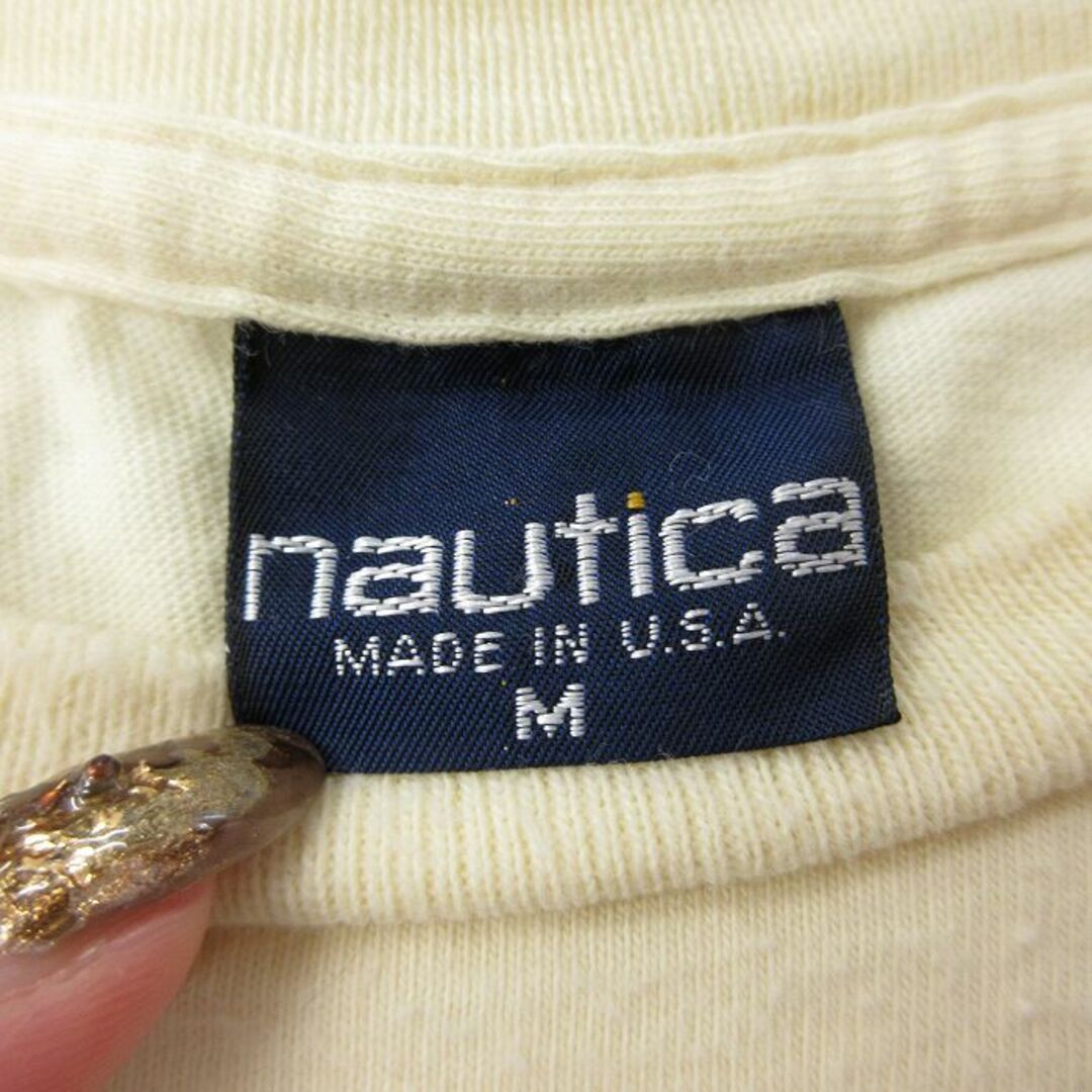 NAUTICA(ノーティカ)のL★古着 ノーティカ NAUTICA 半袖 ビンテージ Tシャツ メンズ 90年代 90s ビッグロゴ ヨット 地図 胸ポケット付き コットン クルーネック USA製 薄黄 イエロー 24mar25 中古 メンズのトップス(Tシャツ/カットソー(半袖/袖なし))の商品写真