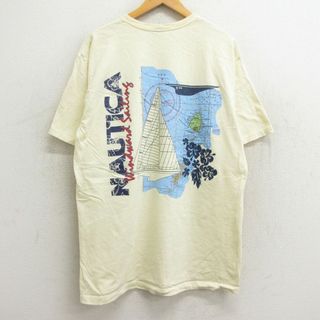 ノーティカ(NAUTICA)のL★古着 ノーティカ NAUTICA 半袖 ビンテージ Tシャツ メンズ 90年代 90s ビッグロゴ ヨット 地図 胸ポケット付き コットン クルーネック USA製 薄黄 イエロー 24mar25 中古(Tシャツ/カットソー(半袖/袖なし))