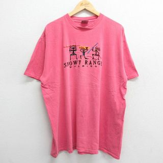 XL★古着 オニータ ONEITA 半袖 ビンテージ Tシャツ メンズ 90年代 90s SNOWY RANGE 刺繍 大きいサイズ コットン クルーネック USA製 ピンク 24mar25 中古(Tシャツ/カットソー(半袖/袖なし))