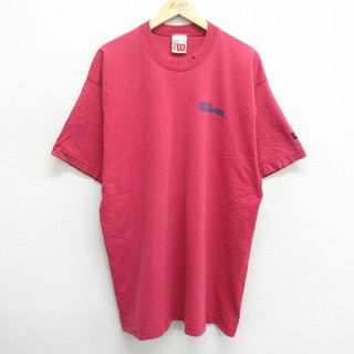 ウィルソン(wilson)のXL★古着 ウィルソン 半袖 ビンテージ Tシャツ メンズ 90年代 90s ワンポイントロゴ ロング丈 大きいサイズ コットン クルーネック USA製 エンジ系 24mar25 中古(Tシャツ/カットソー(半袖/袖なし))