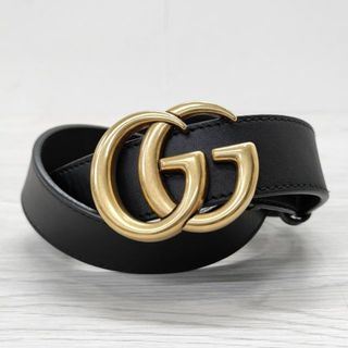 Gucci - GUCCI マーモント GGベルト レザー ゴールド 7549F 8402 プレーンベルト ベルト ブラック レディース グッチ【中古】4-0313G◎