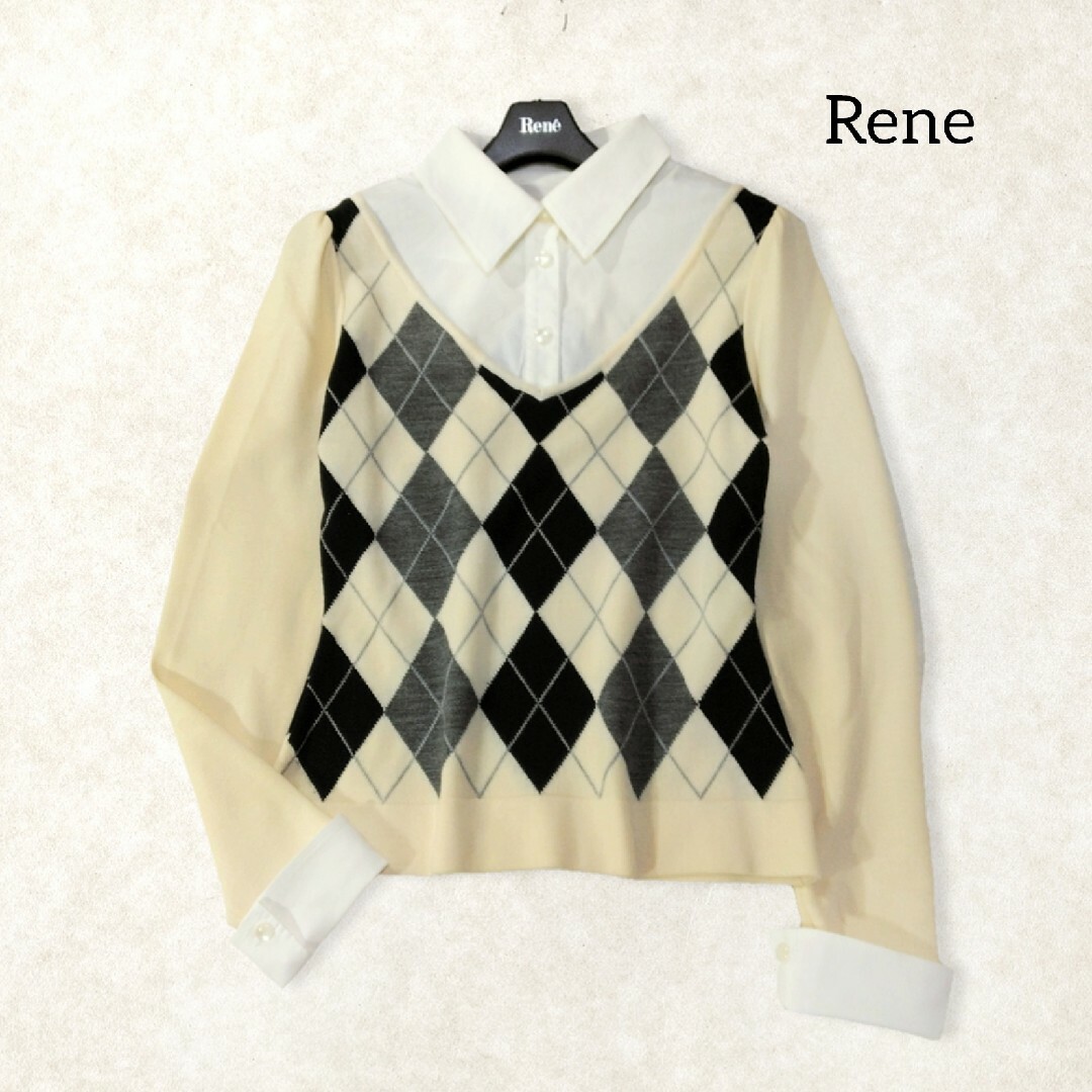 René(ルネ)のルネ ✿ ドッキング ニット シャツ 34 XS 小さいサイズ アーガイル 白 レディースのトップス(ニット/セーター)の商品写真