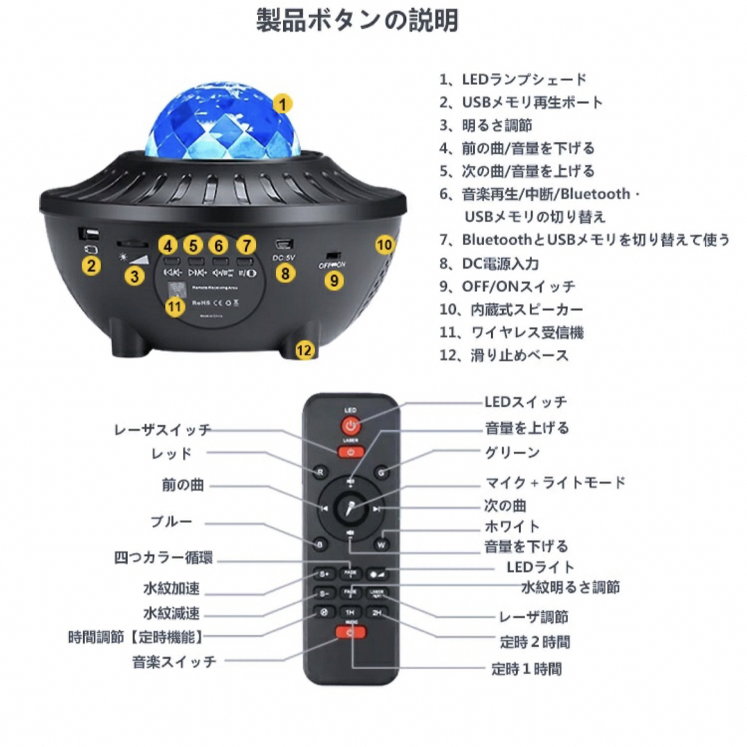 スタープロジェクターライト 音楽も楽しめる♪ 星空 プラネタリウム 幻想的 スマホ/家電/カメラのテレビ/映像機器(プロジェクター)の商品写真