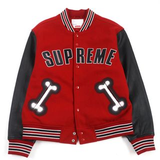 シュプリーム(Supreme)の美品○Supreme シュプリーム 18AW sancheeto サンチート Bone Varsity Jacket アーチロゴ刺繍 レザー使い スタジャン/ブルゾン レッド系 M 正規品 メンズ(スタジャン)