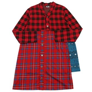 コムデギャルソンオムプリュス(COMME des GARCONS HOMME PLUS)の美品○COMME des GARCONS HOMME PLUS コムデギャルソンオムプリュス 20AW PF-T004 クレイジーパターン バックジャガード切替 タータンチェック ロングカーディガン レッド系 マルチカラー M 日本製 正規品 メンズ(カーディガン)