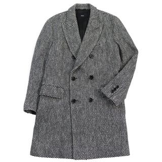 HUGO BOSS - 美品●HUGO BOSS ヒューゴボス ヘリンボーン柄 ダブルブレスト チェスターコート ロングコート ブラック グレー 52 正規品 メンズ