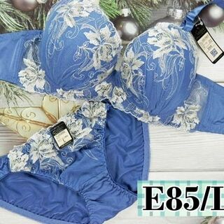 PS29 E85/LL ブラ＆ショーツセット 青系 チュール 花柄刺繍(ブラ&ショーツセット)