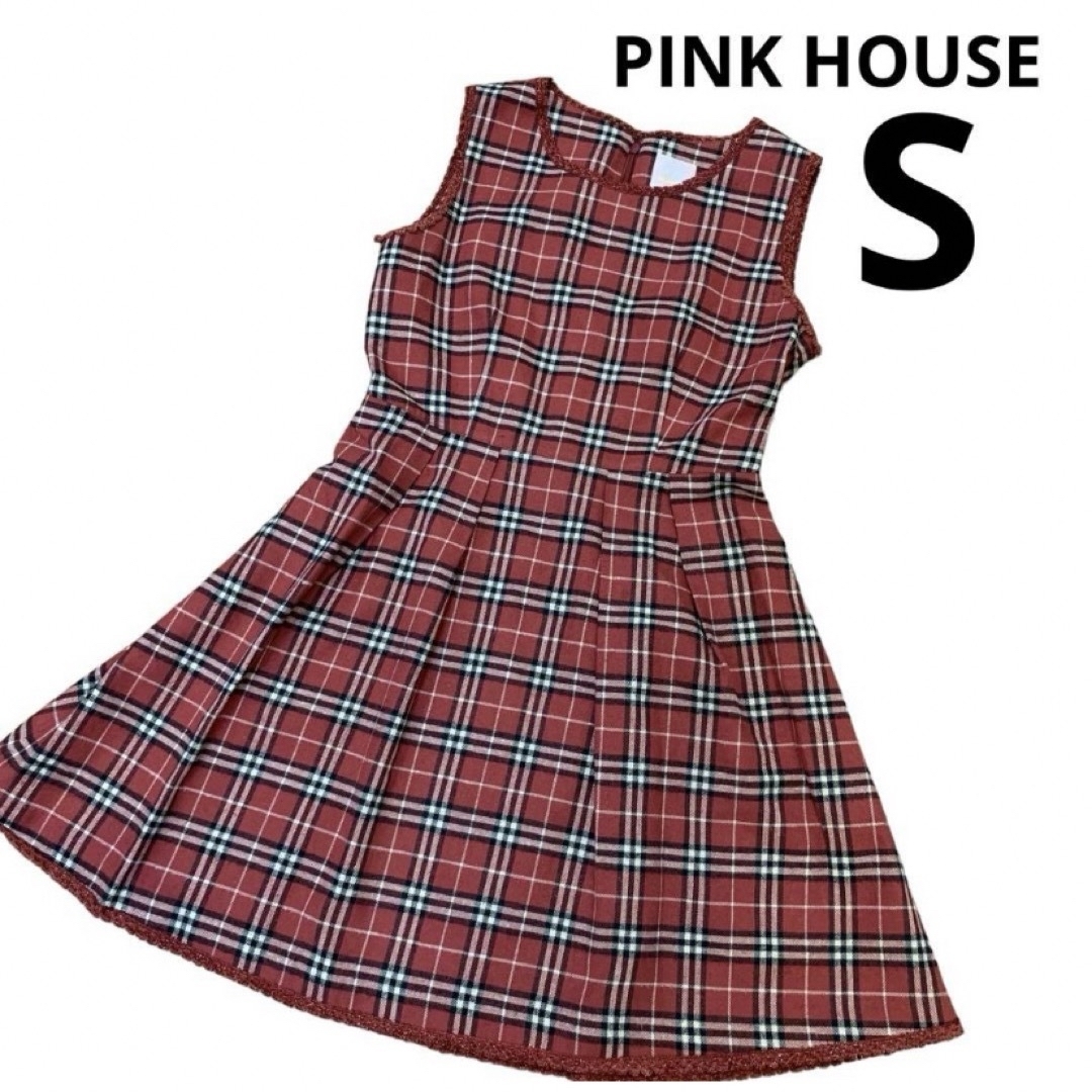 PINK HOUSE(ピンクハウス)のピンクハウスチェルシー　チェックワンピース　レース　赤 レディースのワンピース(ひざ丈ワンピース)の商品写真