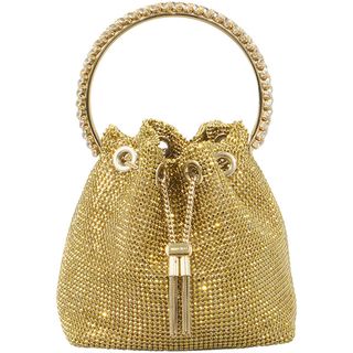 ジミーチュウ(JIMMY CHOO)のジミーチュウ ボンボン クリスタル ショルダーバッグ ゴールド サテン A+♪(ショルダーバッグ)