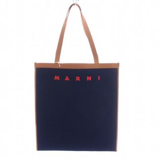 マルニ(Marni)のマルニ フラット ショッピング トートバッグ ジャガード キャンバス 紺 茶(トートバッグ)