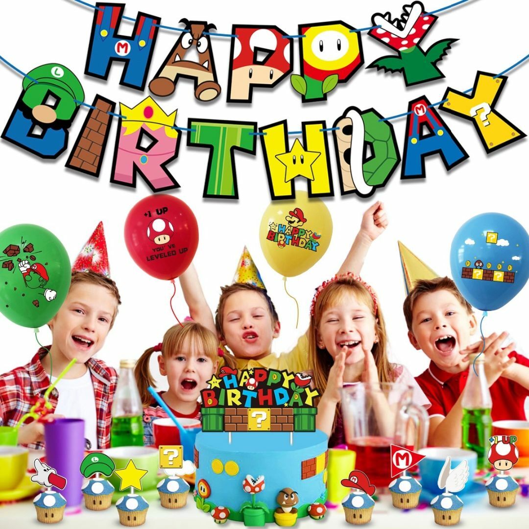誕生日バルーン スーパーマリオ風船 ガーランドバースデー飾りつけ ケーキトッパー ハンドメイドのパーティー(ガーランド)の商品写真