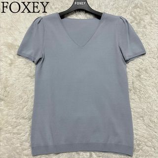 フォクシー(FOXEY)のFOXEY フォクシー　パフスリーブ半袖ニットカットソートップス　Vネック　38(ニット/セーター)